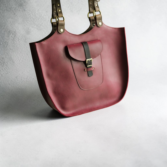 Tote Bag Damen aus Leder handgemacht mit Fronttasche und verstellbaren Henkeln