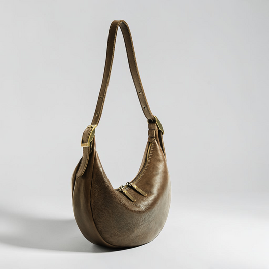 Halbmond Tasche für Damen aus Leder mit Reißverschluss und verstellbarem Riemen handgemacht